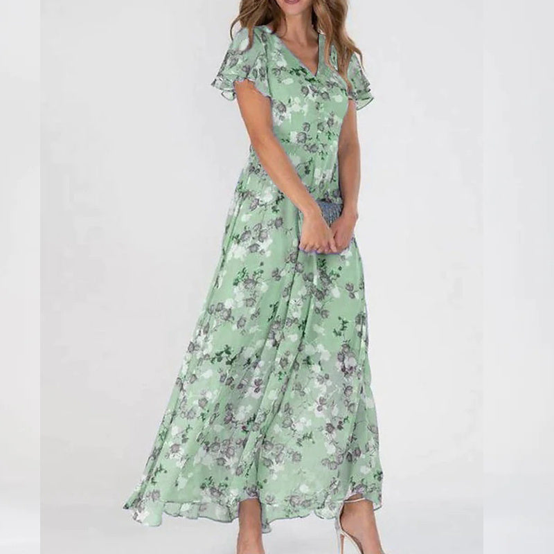 Temperament Commute Slimming V-neck Short Sleeve Printed Waist-controlled Dress