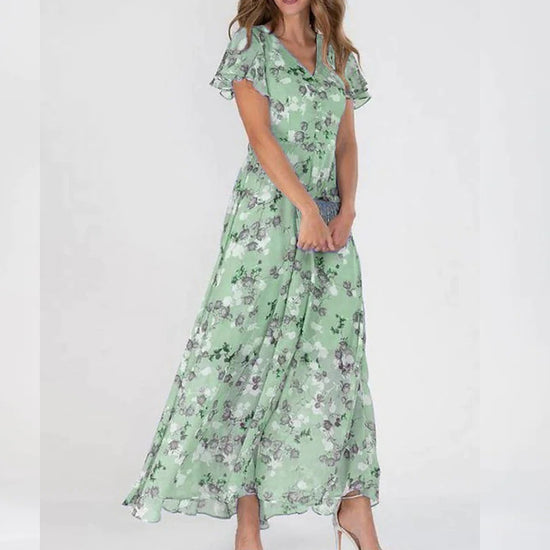 Temperament Commute Slimming V-neck Short Sleeve Printed Waist-controlled Dress