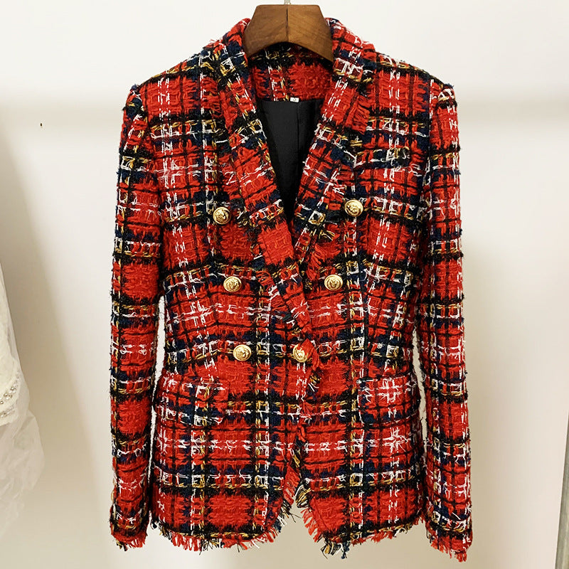 Double-Breasted Tweed Plaid Woolen Fringed Collar Blazer Jacket