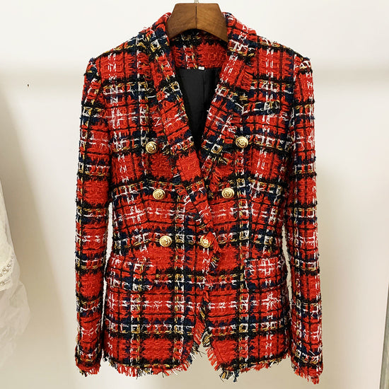 Double-Breasted Tweed Plaid Woolen Fringed Collar Blazer Jacket