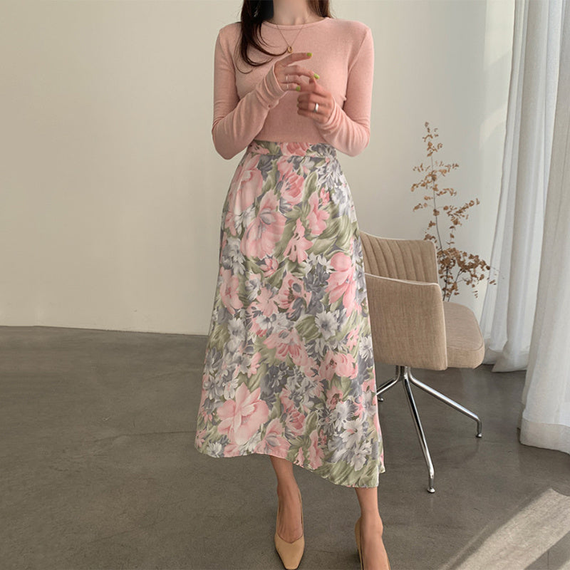 Flower High Waist Straight Tube Long Skirt