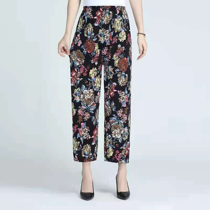 Ice Silk Wide-leg Pants Middle-aged And Elderly Loose Flower Pants