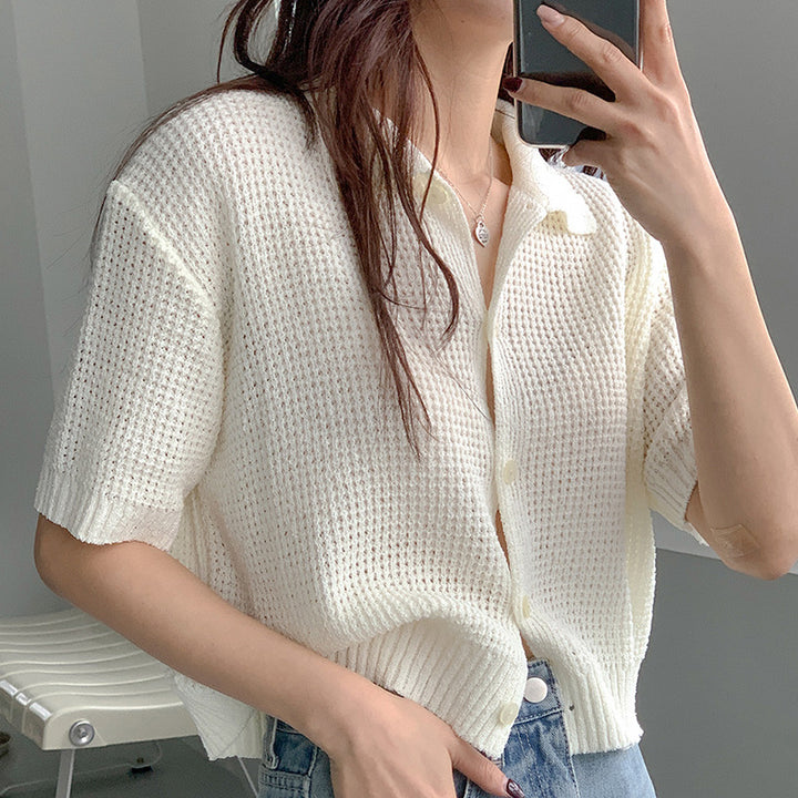 Draping Lapel Cardigan Sweater Solid Color Sweater With Short Sleeves