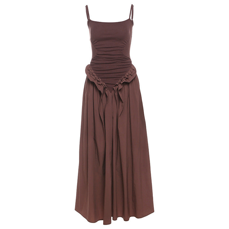 Hot Girl Solid Color Sling Fitted Waist Pleated Large Swing Dress