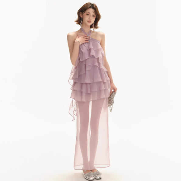 Original Design Hazy Atmosphere High Slit Long Dress Sexy Backless Multi-layer Ruffles