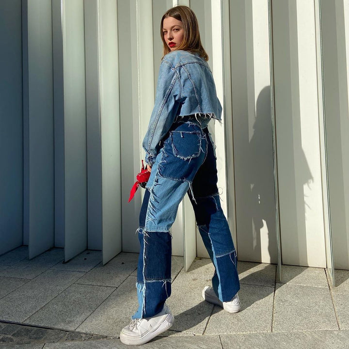 High-rise colorblock slim-fit straight-leg jeans