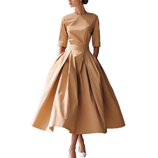 Fashionable Casual Elegant Personality Design Three-quarter Sleeve A-line Solid Color Dress