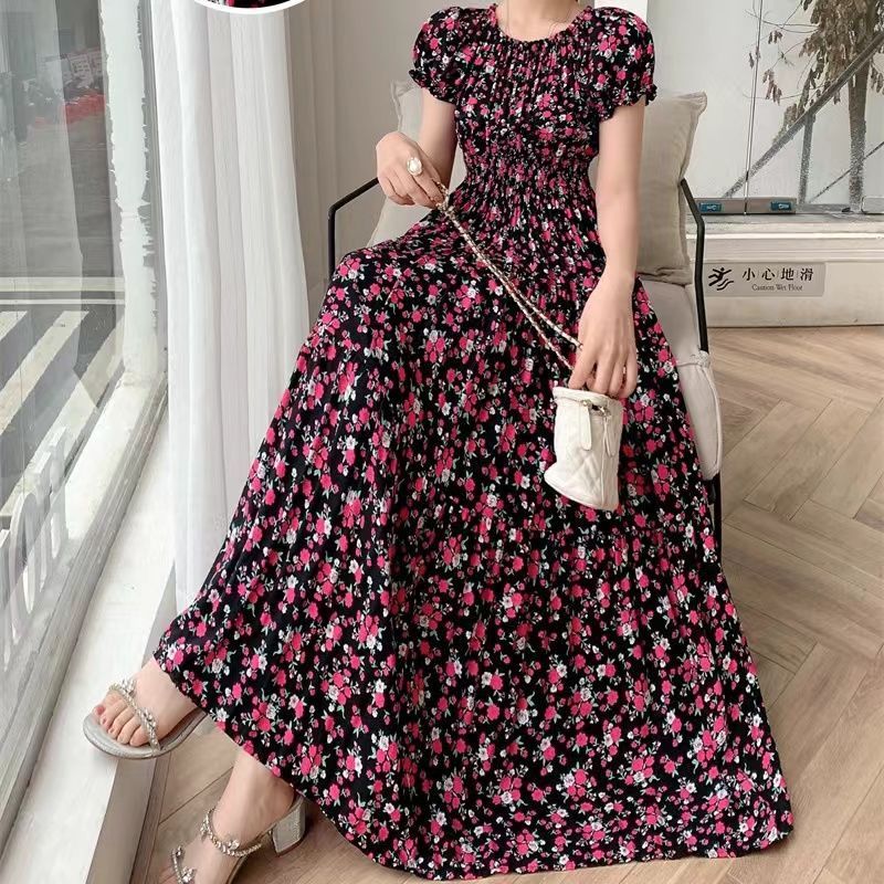 Cotton Silk Floral Korean Style Ladies Elegant Slim-fit Dress