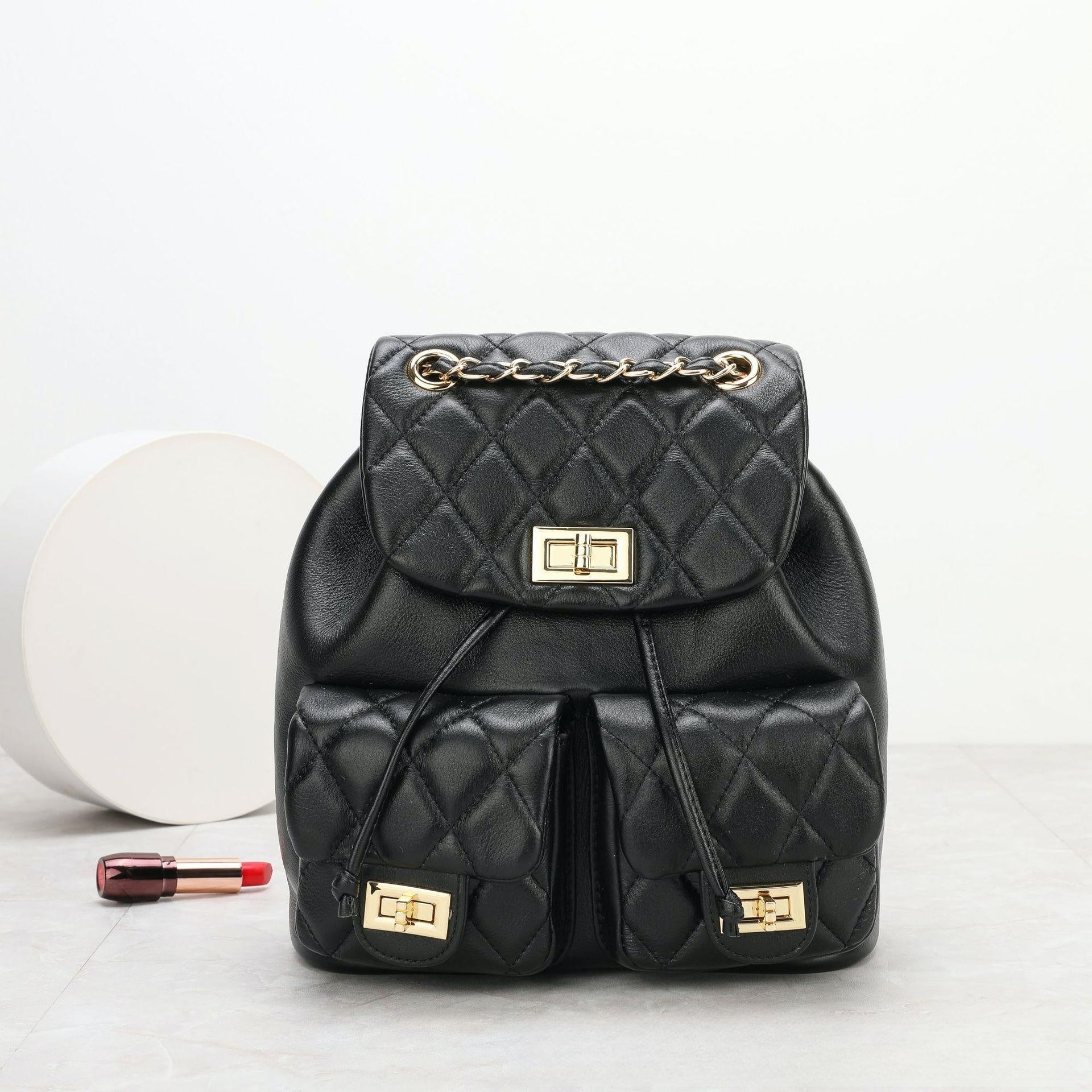 First Layer Cowhide Rhombus Chain Backpack Advanced Texture All-matching