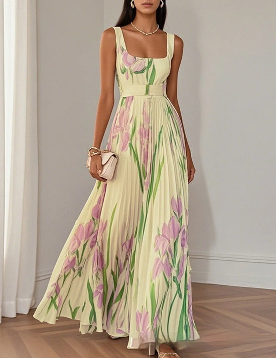 Sleeveless Formal Pleated Printed Dress