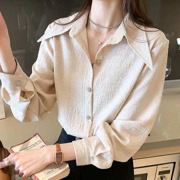 Pointed Collar Shirt Chiffon Design Loose Bandage Dress White Base Shirt