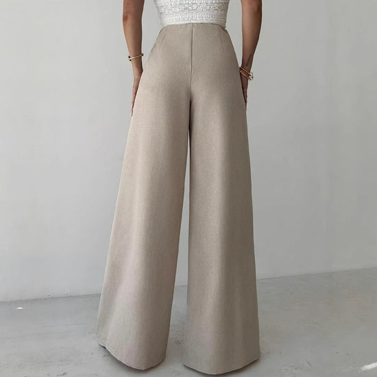 High Waist Beige Metal Buckle Wide Leg Pants