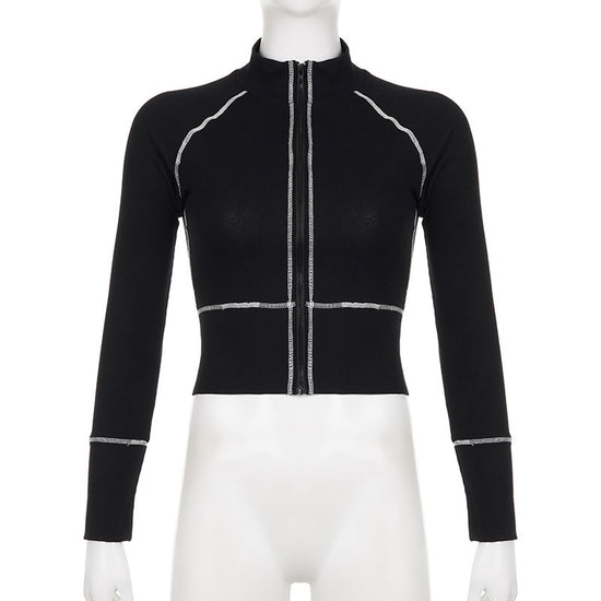 Women's Fashion Casual Contrast Color Zipper Tight Long Sleeve