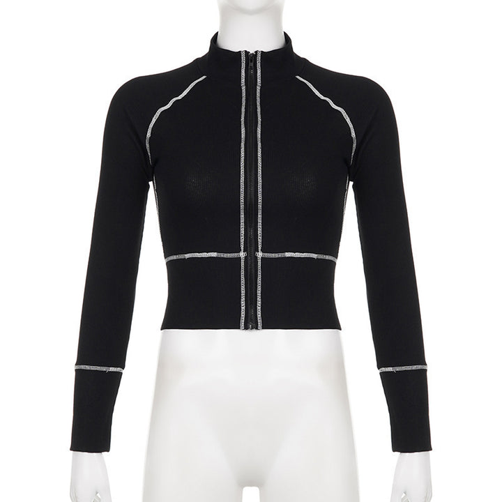 Women's Fashion Casual Contrast Color Zipper Tight Long Sleeve