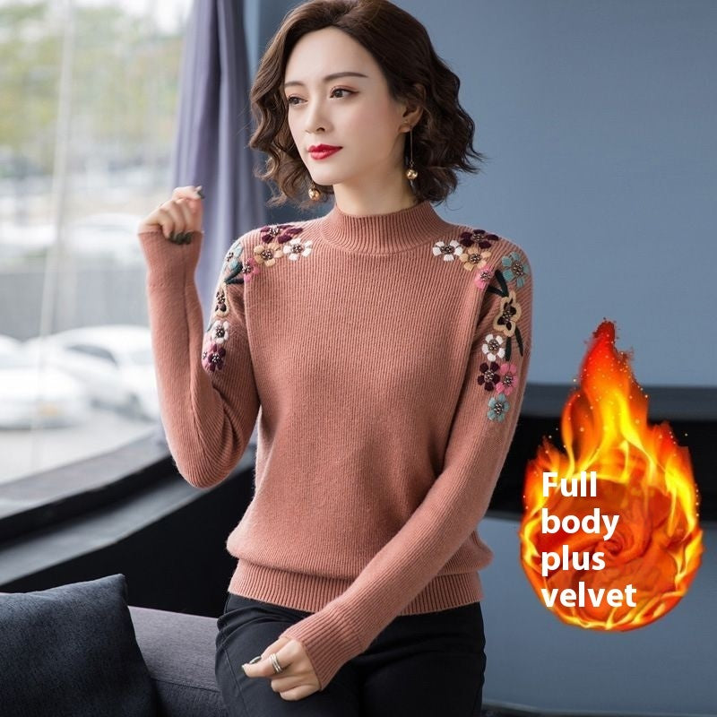 Popular Embroidery Women's New Loose High Collar Bottoming Shirt