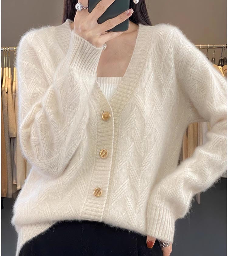 Knitted Wool Cardigan Women's V-neck Solid Color Baggy Coat
