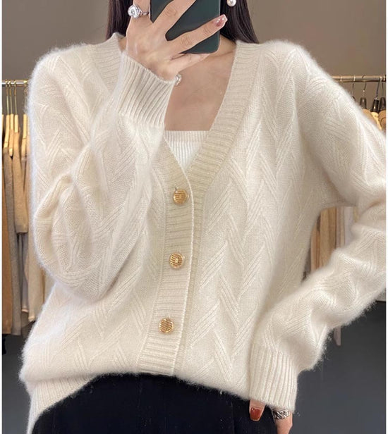 Knitted Wool Cardigan Women's V-neck Solid Color Baggy Coat