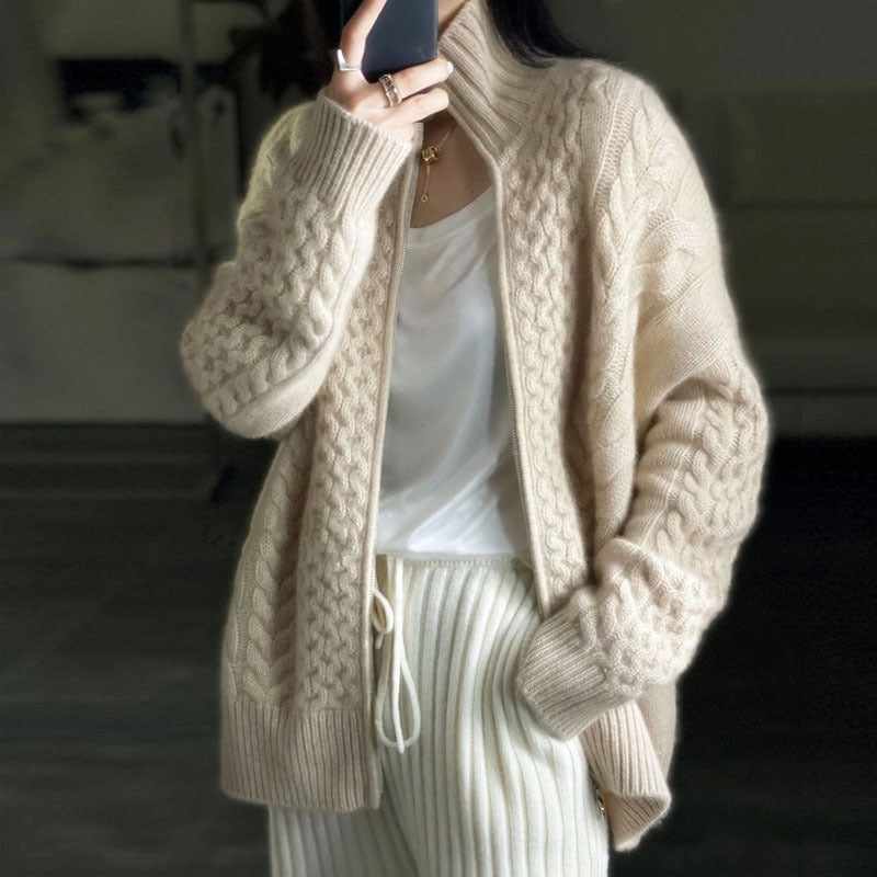 Thick Cashmere Women High Neck Zipper Sweater Cardigan