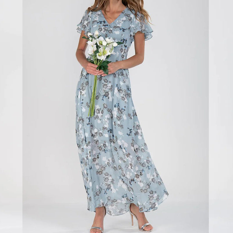 Temperament Commute Slimming V-neck Short Sleeve Printed Waist-controlled Dress