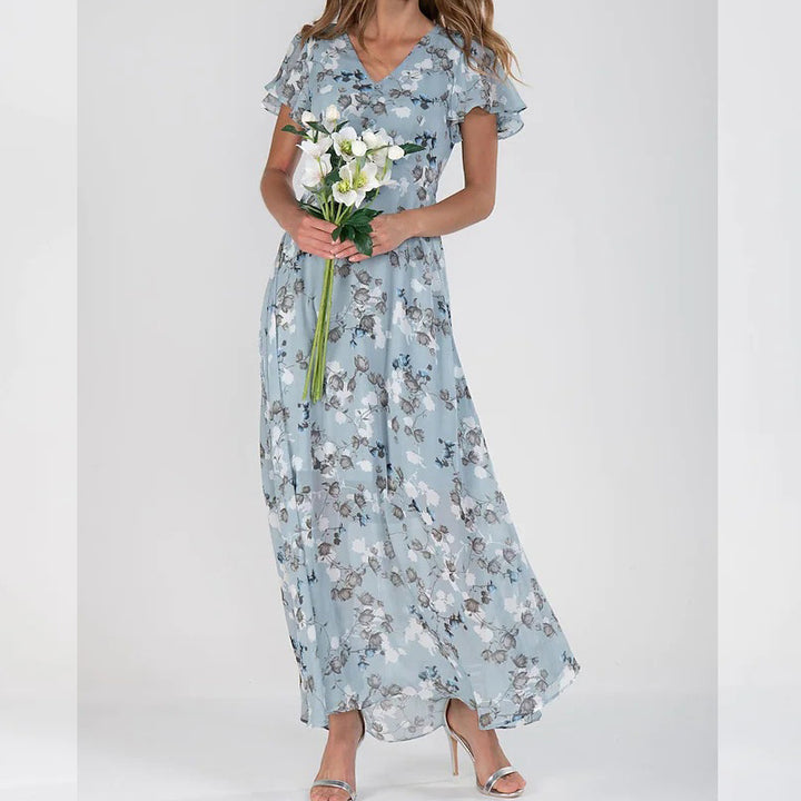 Temperament Commute Slimming V-neck Short Sleeve Printed Waist-controlled Dress