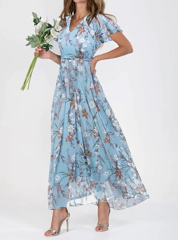 Temperament Commute Slimming V-neck Short Sleeve Printed Waist-controlled Dress