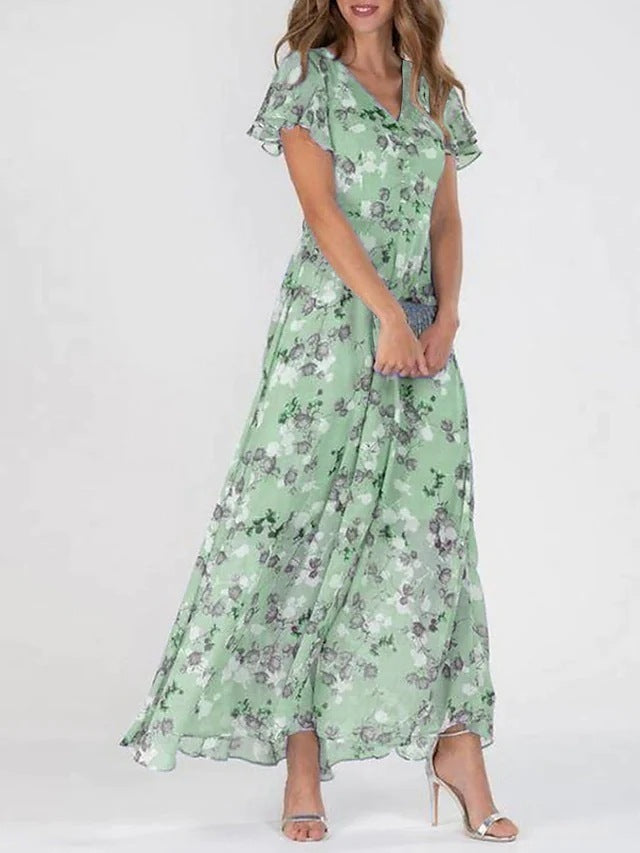 Temperament Commute Slimming V-neck Short Sleeve Printed Waist-controlled Dress