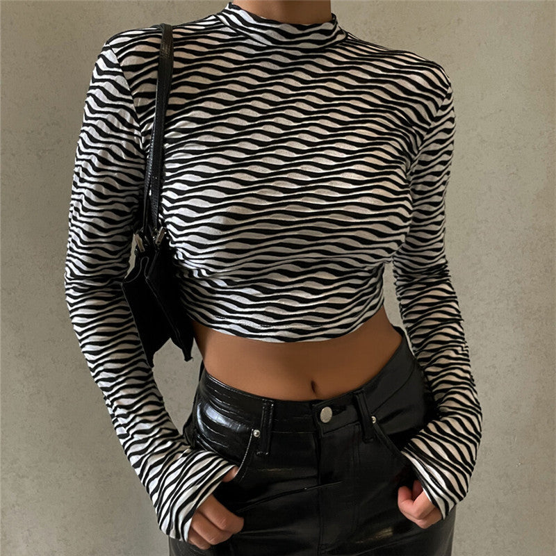 Printed Sexy Back Hollow Lace-up Long-sleeved T-shirt