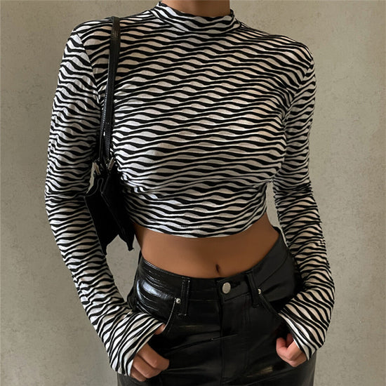 Printed Sexy Back Hollow Lace-up Long-sleeved T-shirt