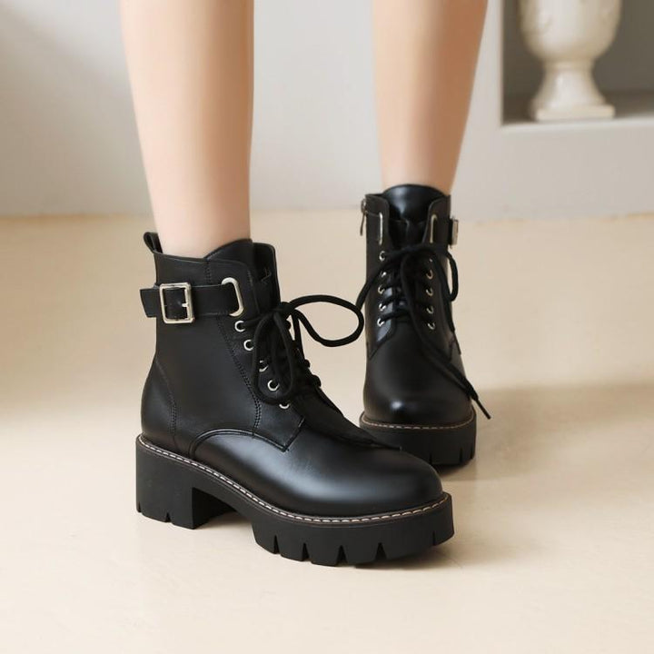 Handsome Motorcycle Boots Martin Boots Belt Buckle Middle Heel