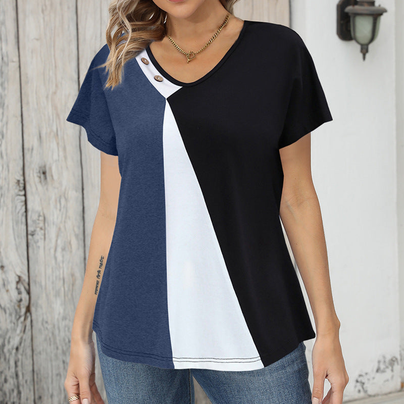 Women's Printing Color Contrast Loose Short-sleeved T-shirt Button Top