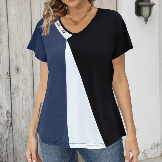 Women's Printing Color Contrast Loose Short-sleeved T-shirt Button Top