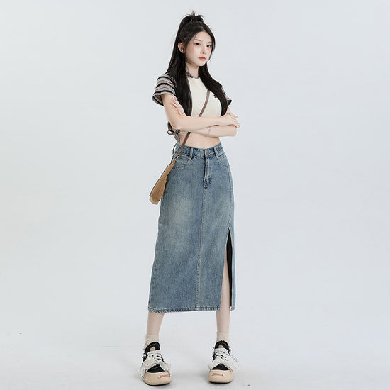Women's Orange Silk Split Denim Skirt For Hot Girls Summer High Waist
