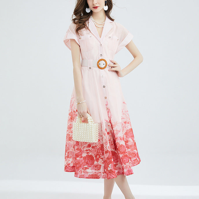 Seaside Vacation Style French  Blouse Collar Printed Dress
