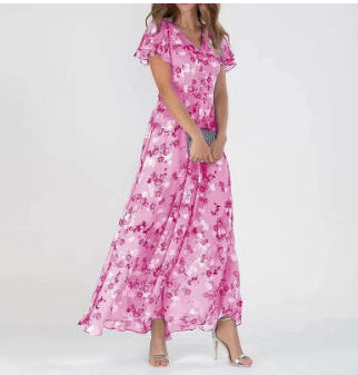 Temperament Commute Slimming V-neck Short Sleeve Printed Waist-controlled Dress