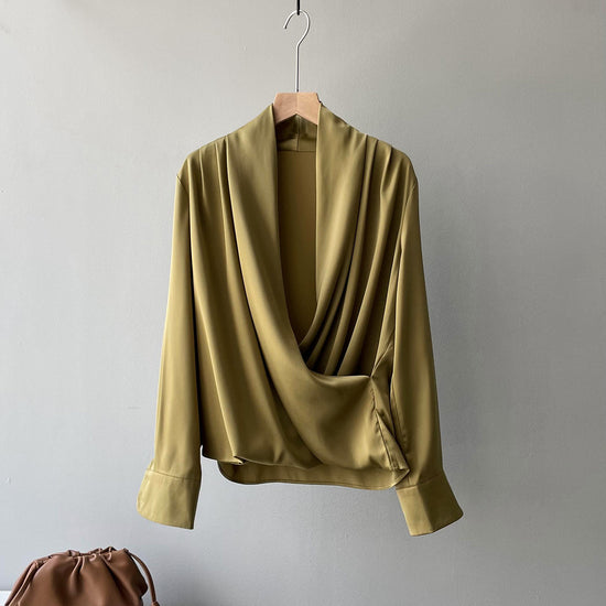 Women's French Elegant Long Sleeve Satin V-neck Shirt