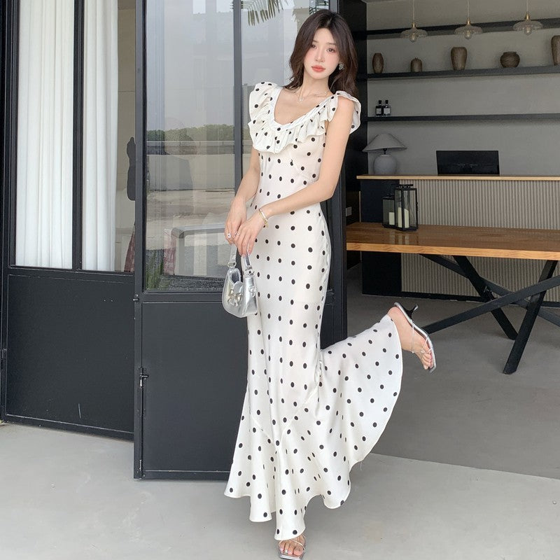Temperament Waist-controlled Summer Ruffles Backless Polka Dot Dress Women