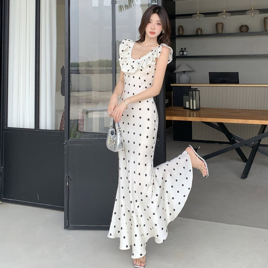 Temperament Waist-controlled Summer Ruffles Backless Polka Dot Dress Women