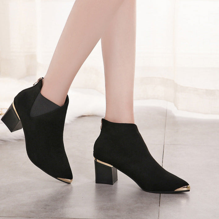 Women's New Fashion Metal Pointed Toe Mid-heel Short Boots Thick With Nude Boots In Stock