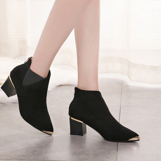 Women's New Fashion Metal Pointed Toe Mid-heel Short Boots Thick With Nude Boots In Stock