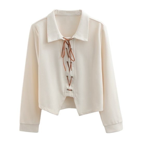 Women's Apricot Long-sleeved Shirt With Loose Polo Collar