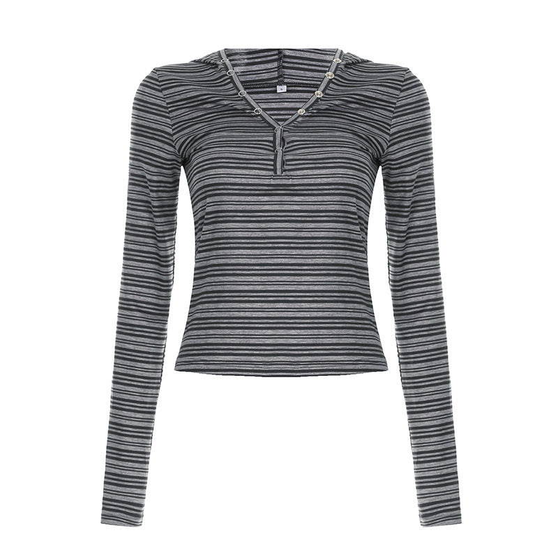 European And American Retro Stripes Contrast Color Hooded Breasted Long Sleeve