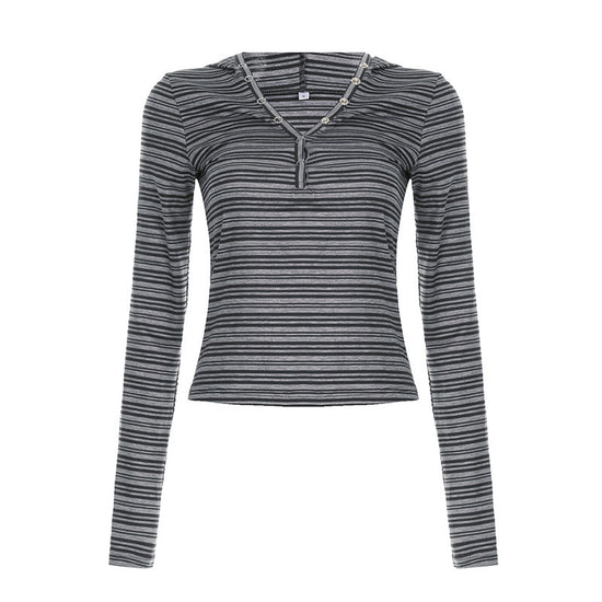 European And American Retro Stripes Contrast Color Hooded Breasted Long Sleeve