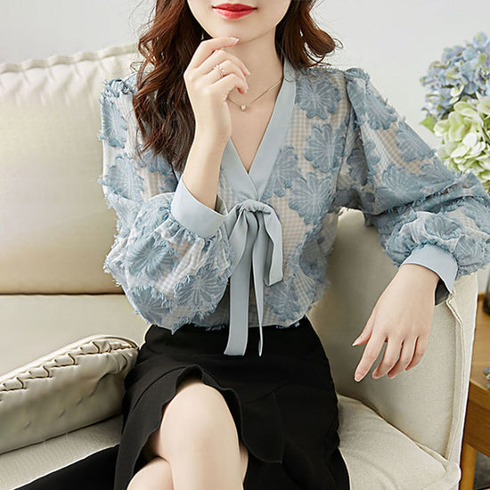 Lantern Sleeve Chiffon Shirt Women's Bowknot Loose Slimming Blouse
