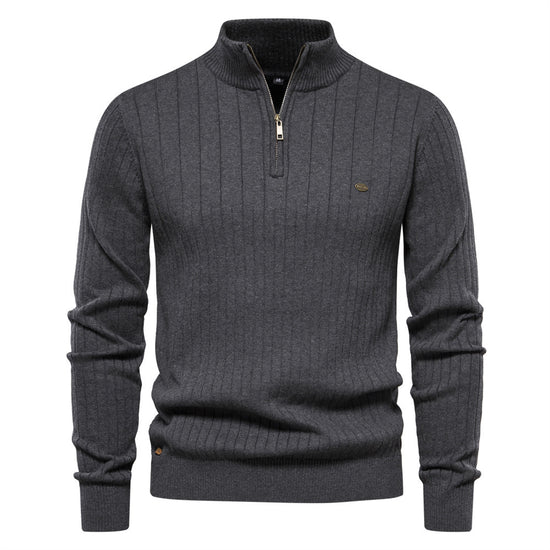 Men's Stand Collar Sweater Fashion Half-zipper Solid Color Striped Knit Sweater High Quality Slim Fit Top Clothing