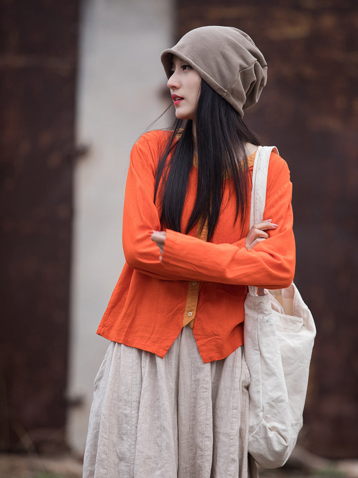 Artistic Retro Contrast Color Design Cotton And Linen New Round Neck Loose Shirt