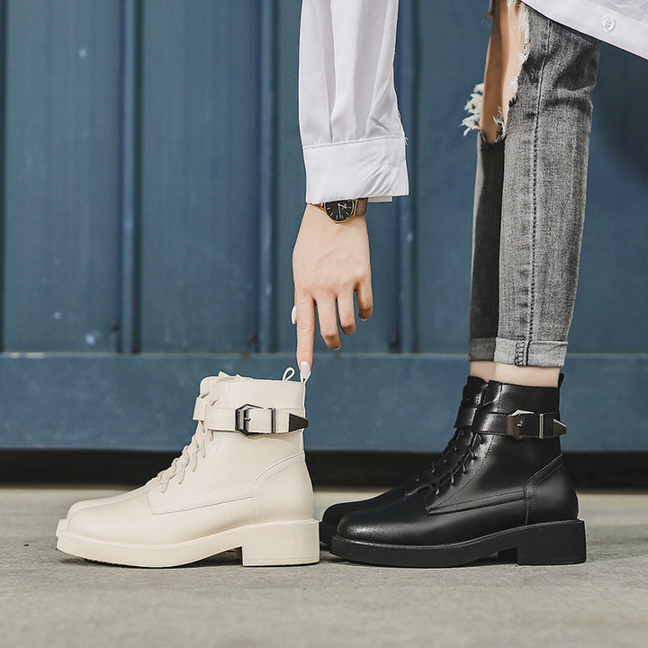 Buckled motorcycle boots women's lace up short boots