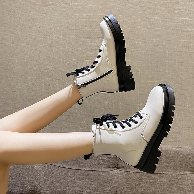 British Wind Locomotive Boots With Thick Soles And Versatile White Short Boots