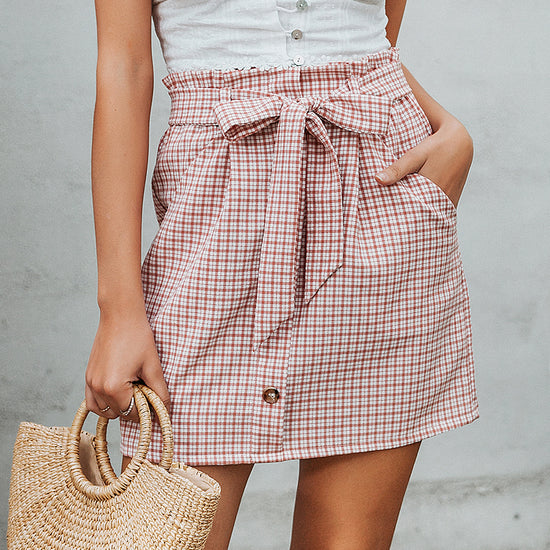 Button high waist straight skirt check pattern