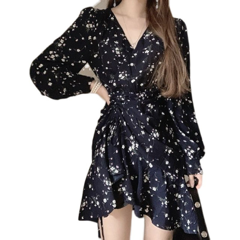 Elegant Elegant V-neck Cross Waist Bubble Sleeve Floral Dress