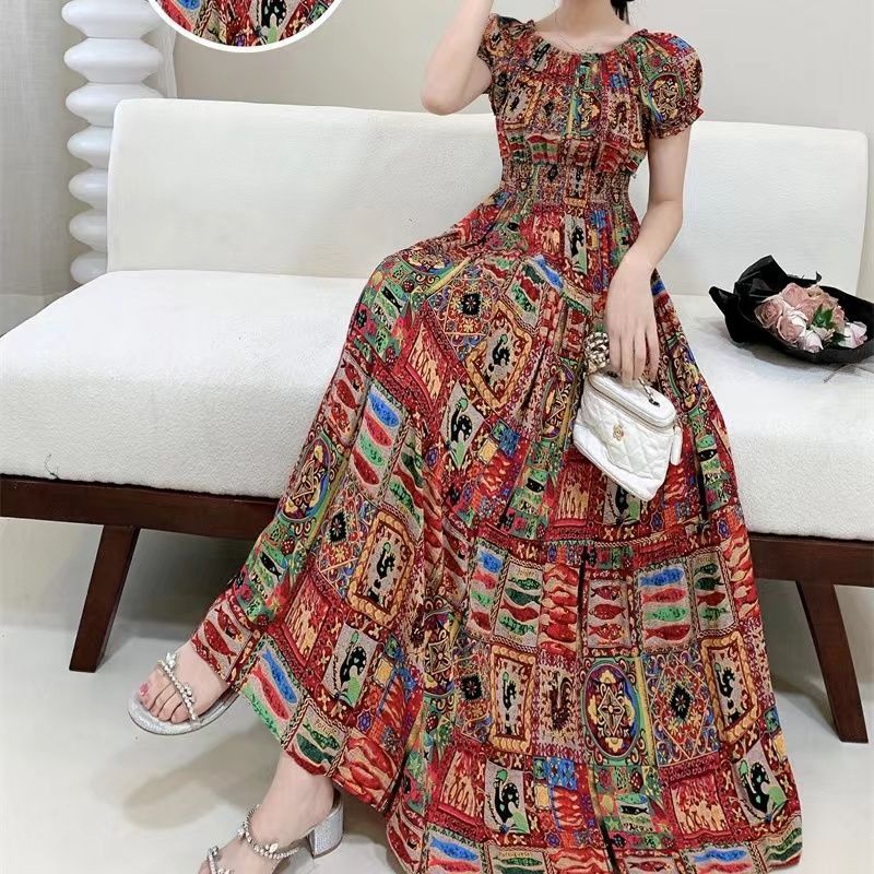 Cotton Silk Floral Korean Style Ladies Elegant Slim-fit Dress